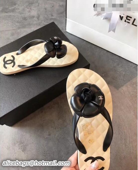 Lower Price Chanel CC Logo Camellia Thong Sandals G42330 Black 2019