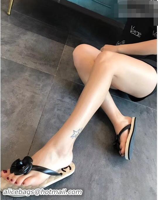 Lower Price Chanel CC Logo Camellia Thong Sandals G42330 Black 2019