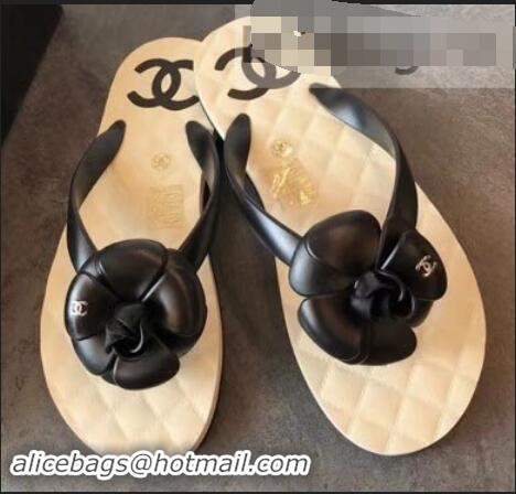 Lower Price Chanel CC Logo Camellia Thong Sandals G42330 Black 2019