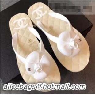 Top Design Chanel CC Logo Camellia Thong Sandals G42331 White 2019