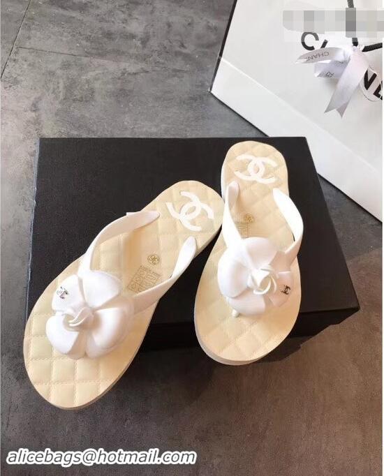 Top Design Chanel CC Logo Camellia Thong Sandals G42331 White 2019