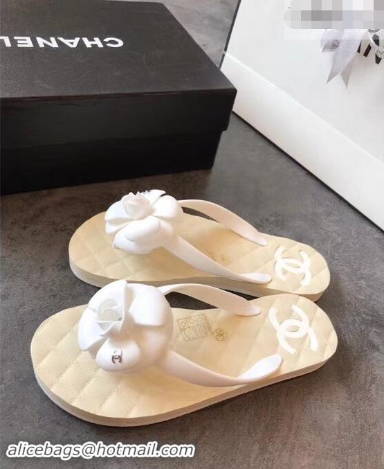 Top Design Chanel CC Logo Camellia Thong Sandals G42331 White 2019