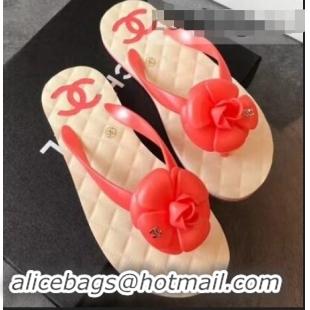 Big Discount Chanel CC Logo Camellia Thong Sandals G42332 Red 2019