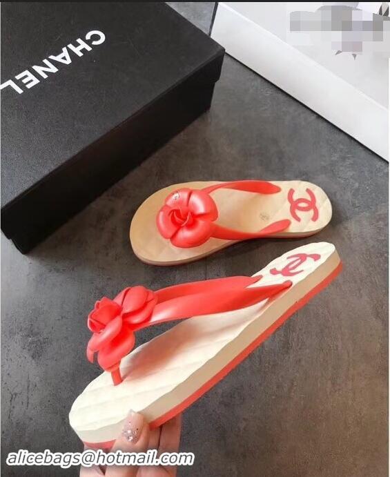 Big Discount Chanel CC Logo Camellia Thong Sandals G42332 Red 2019