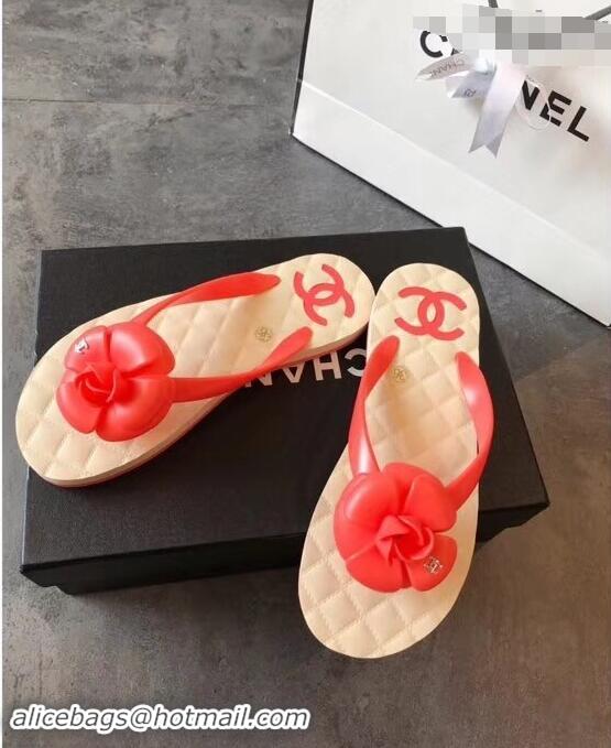 Big Discount Chanel CC Logo Camellia Thong Sandals G42332 Red 2019