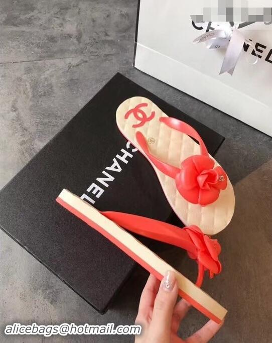 Big Discount Chanel CC Logo Camellia Thong Sandals G42332 Red 2019