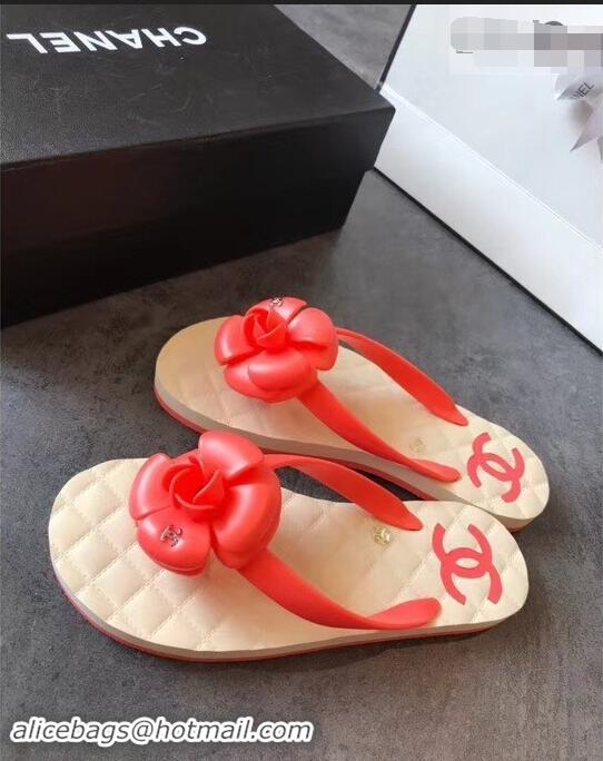 Big Discount Chanel CC Logo Camellia Thong Sandals G42332 Red 2019