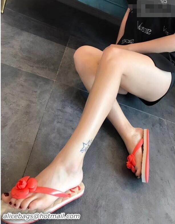 Big Discount Chanel CC Logo Camellia Thong Sandals G42332 Red 2019