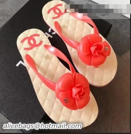 Big Discount Chanel CC Logo Camellia Thong Sandals G42332 Red 2019