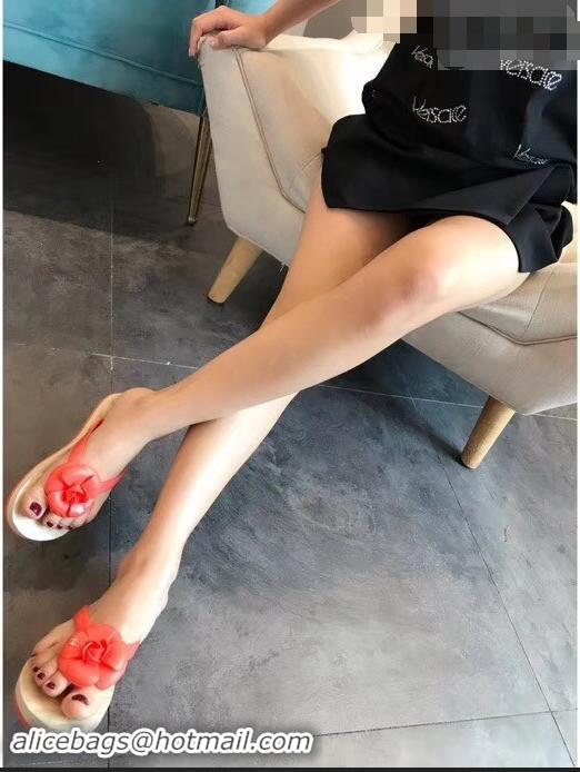 Big Discount Chanel CC Logo Camellia Thong Sandals G42332 Red 2019