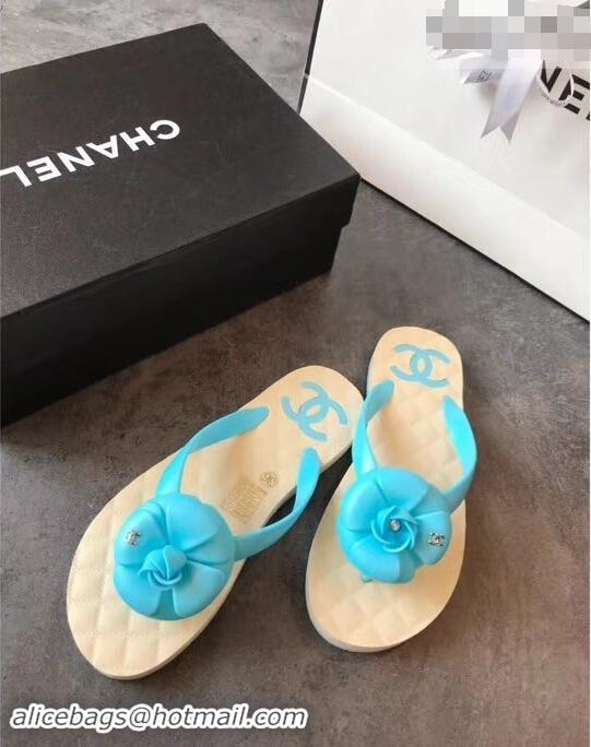 Unique Discount Chanel CC Logo Camellia Thong Sandals G42333 Sky Blue 2019