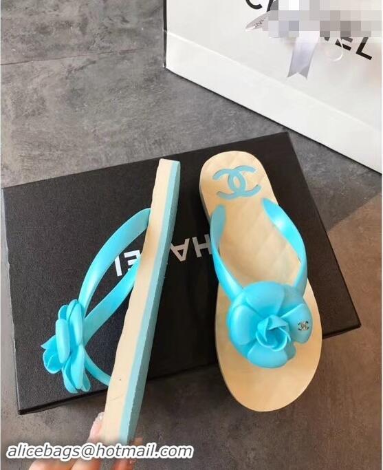 Unique Discount Chanel CC Logo Camellia Thong Sandals G42333 Sky Blue 2019