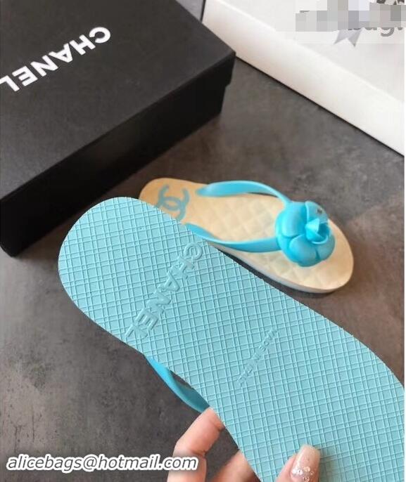 Unique Discount Chanel CC Logo Camellia Thong Sandals G42333 Sky Blue 2019