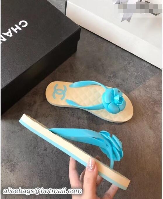 Unique Discount Chanel CC Logo Camellia Thong Sandals G42333 Sky Blue 2019