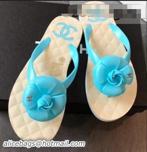 Unique Discount Chanel CC Logo Camellia Thong Sandals G42333 Sky Blue 2019