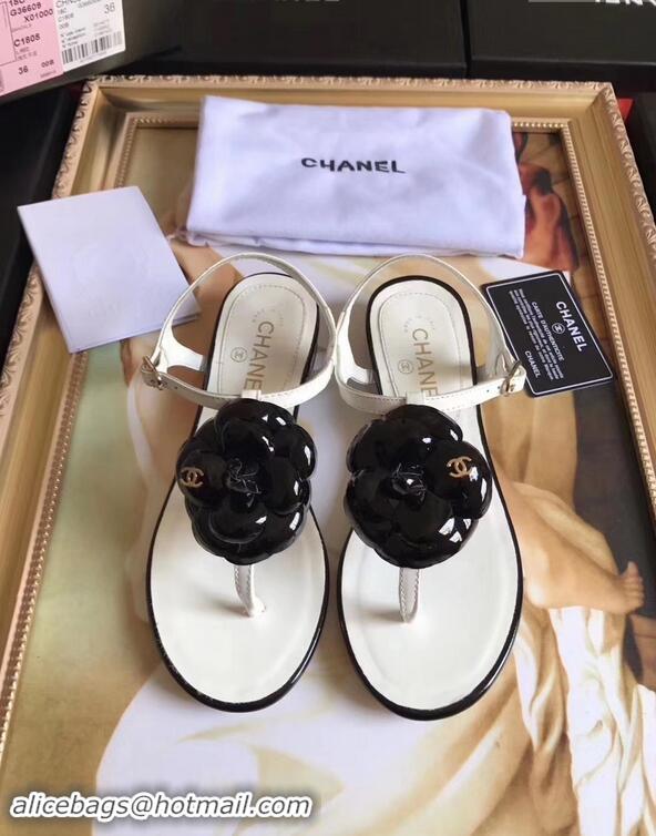 Hot Sell Chanel Camellia Thong Sandals G42601 White/Black 2019