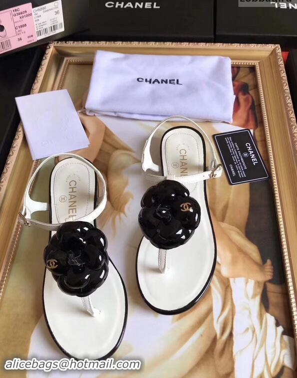 Hot Sell Chanel Camellia Thong Sandals G42601 White/Black 2019