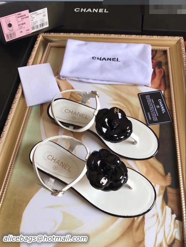 Hot Sell Chanel Camellia Thong Sandals G42601 White/Black 2019