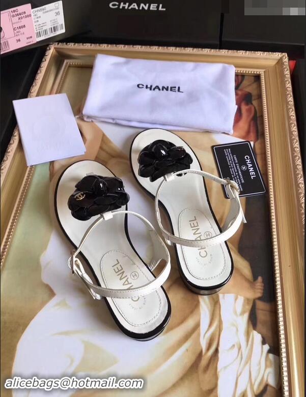 Hot Sell Chanel Camellia Thong Sandals G42601 White/Black 2019