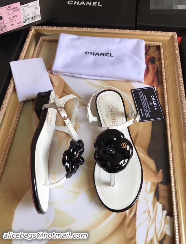 Hot Sell Chanel Camellia Thong Sandals G42601 White/Black 2019