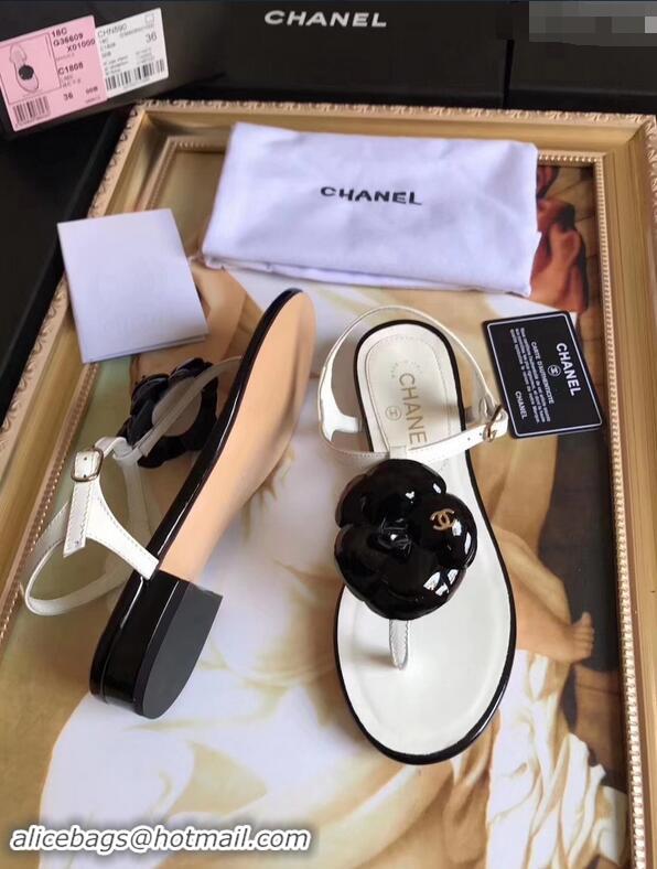 Hot Sell Chanel Camellia Thong Sandals G42601 White/Black 2019