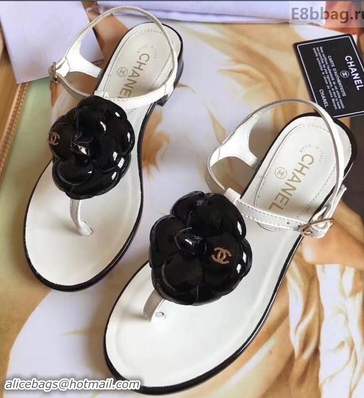 Hot Sell Chanel Camellia Thong Sandals G42601 White/Black 2019