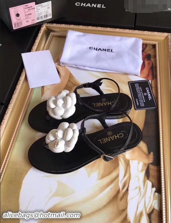 Youthful Chanel Camellia Thong Sandals G42601 Black/White 2019