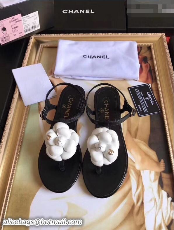 Youthful Chanel Camellia Thong Sandals G42601 Black/White 2019