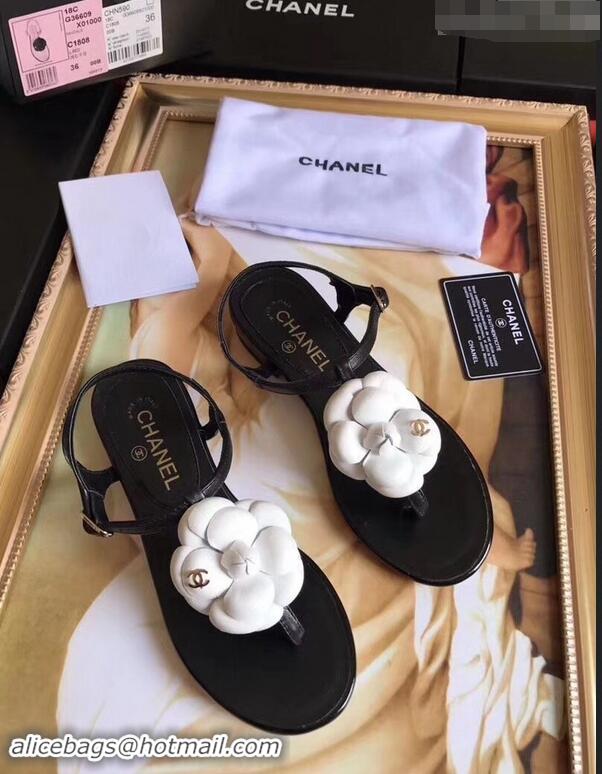 Youthful Chanel Camellia Thong Sandals G42601 Black/White 2019