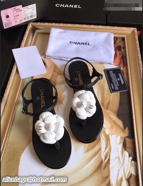 Youthful Chanel Camellia Thong Sandals G42601 Black/White 2019