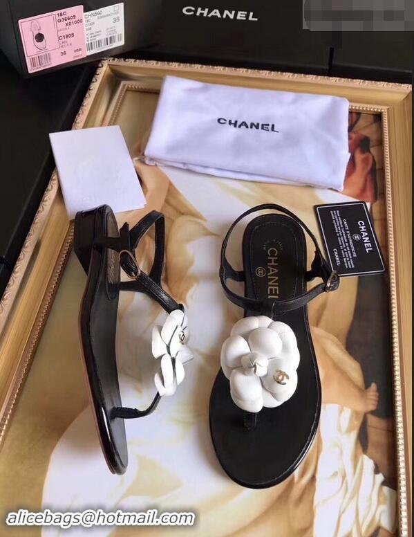 Youthful Chanel Camellia Thong Sandals G42601 Black/White 2019