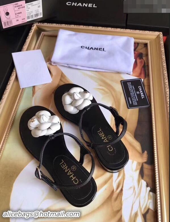 Youthful Chanel Camellia Thong Sandals G42601 Black/White 2019