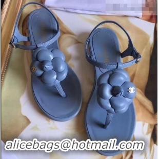 Classic Cheapest Chanel Camellia Thong Sandals G42601 Blue 2019