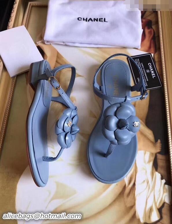 Classic Cheapest Chanel Camellia Thong Sandals G42601 Blue 2019