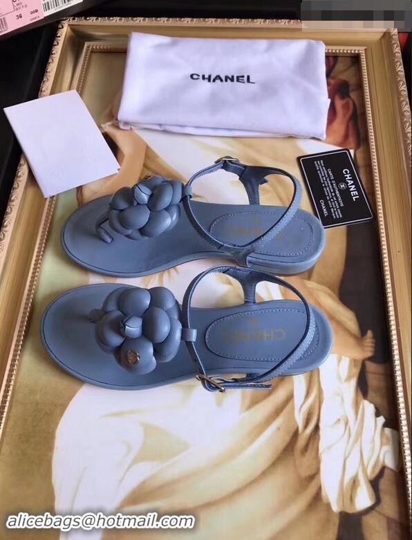 Classic Cheapest Chanel Camellia Thong Sandals G42601 Blue 2019