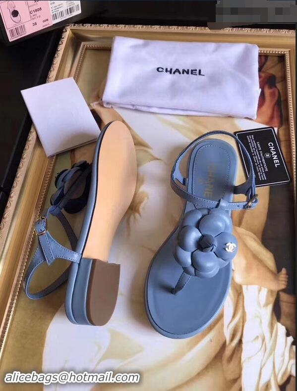 Classic Cheapest Chanel Camellia Thong Sandals G42601 Blue 2019