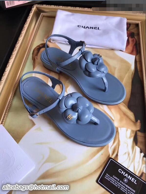 Classic Cheapest Chanel Camellia Thong Sandals G42601 Blue 2019