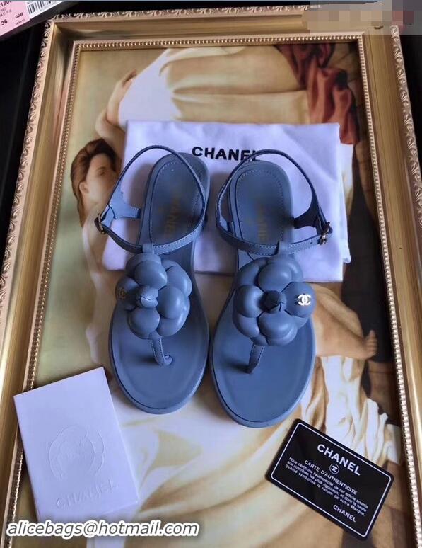 Classic Cheapest Chanel Camellia Thong Sandals G42601 Blue 2019