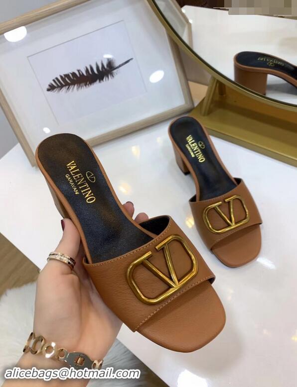 Top Design Valentino Heel Slip-On Slide Sandals VS2301 Brown With Go Logo Detail 2019