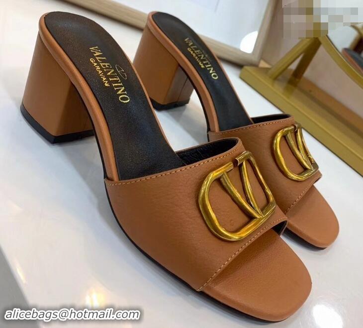 Top Design Valentino Heel Slip-On Slide Sandals VS2301 Brown With Go Logo Detail 2019