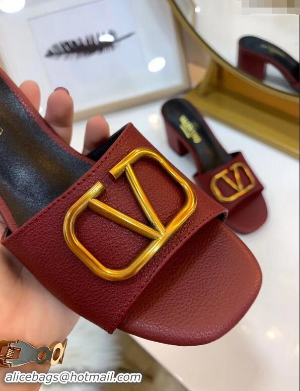 Low Cost Valentino Heel Slip-On Slide Sandals VS2301 Burgundy With Go Logo Detail 2019