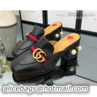 Discount Gucci Calfskin Leather 7.5cm heel Web Details Pearls Trim Slipper GG698 Black