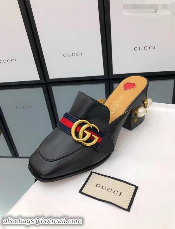 Discount Gucci Calfskin Leather 7.5cm heel Web Details Pearls Trim Slipper GG698 Black