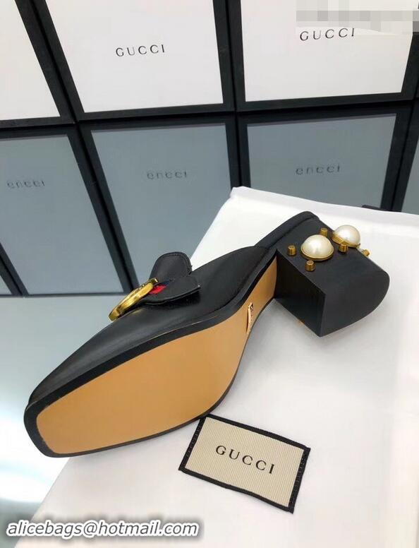 Discount Gucci Calfskin Leather 7.5cm heel Web Details Pearls Trim Slipper GG698 Black