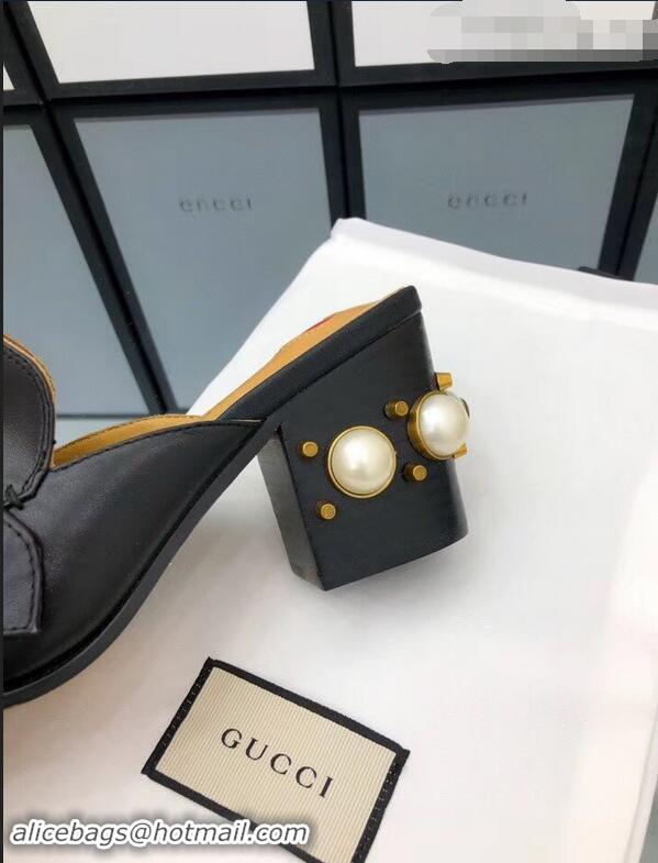 Discount Gucci Calfskin Leather 7.5cm heel Web Details Pearls Trim Slipper GG698 Black