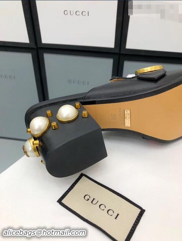 Discount Gucci Calfskin Leather 7.5cm heel Web Details Pearls Trim Slipper GG698 Black