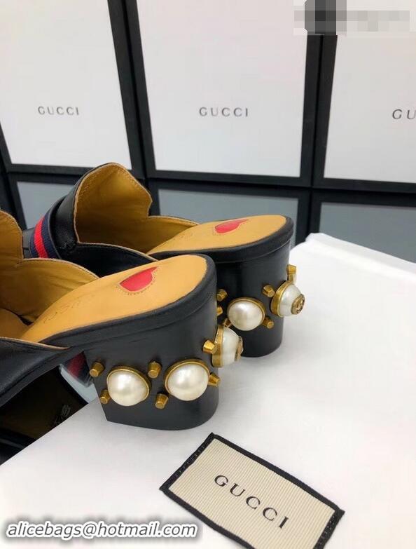 Discount Gucci Calfskin Leather 7.5cm heel Web Details Pearls Trim Slipper GG698 Black