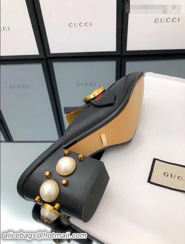 Discount Gucci Calfskin Leather 7.5cm heel Web Details Pearls Trim Slipper GG698 Black