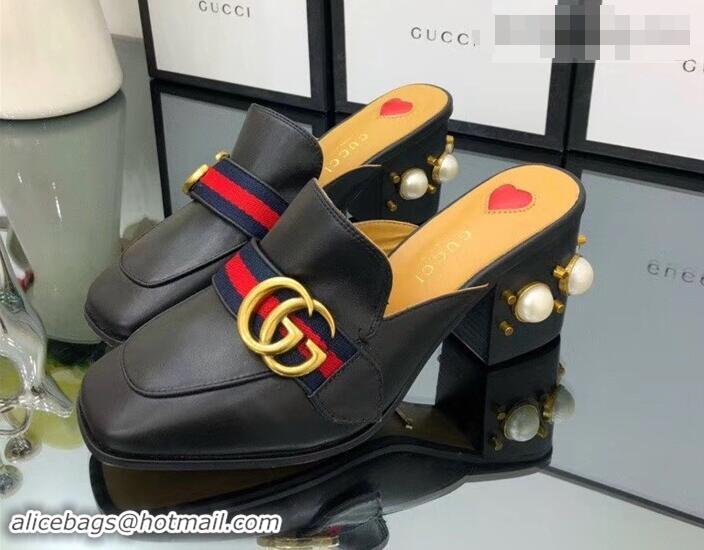 Discount Gucci Calfskin Leather 7.5cm heel Web Details Pearls Trim Slipper GG698 Black