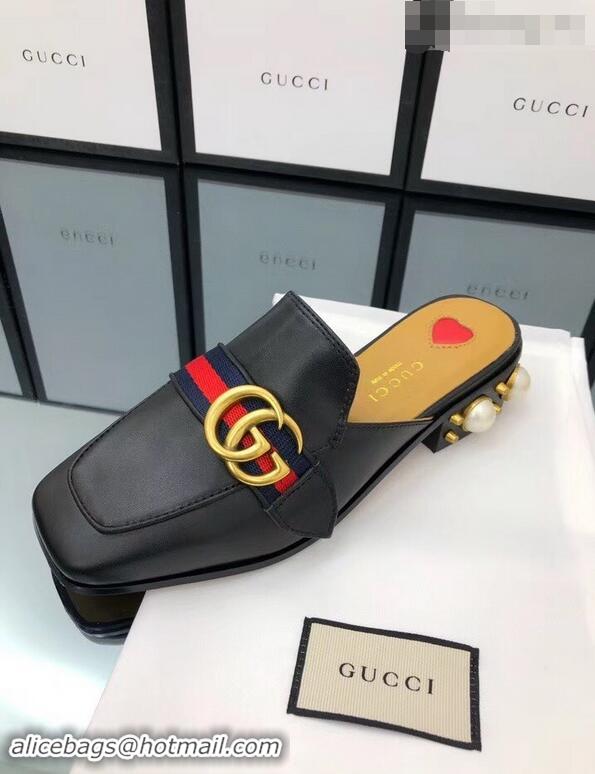 Specials Gucci Calfskin Leather 3.5cm heel Web Details Pearls Trim Slipper GG639 Black